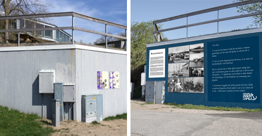 Före och efterbild. Grå betongvägg målas blå och täcks med skylt med info om Strömstad.