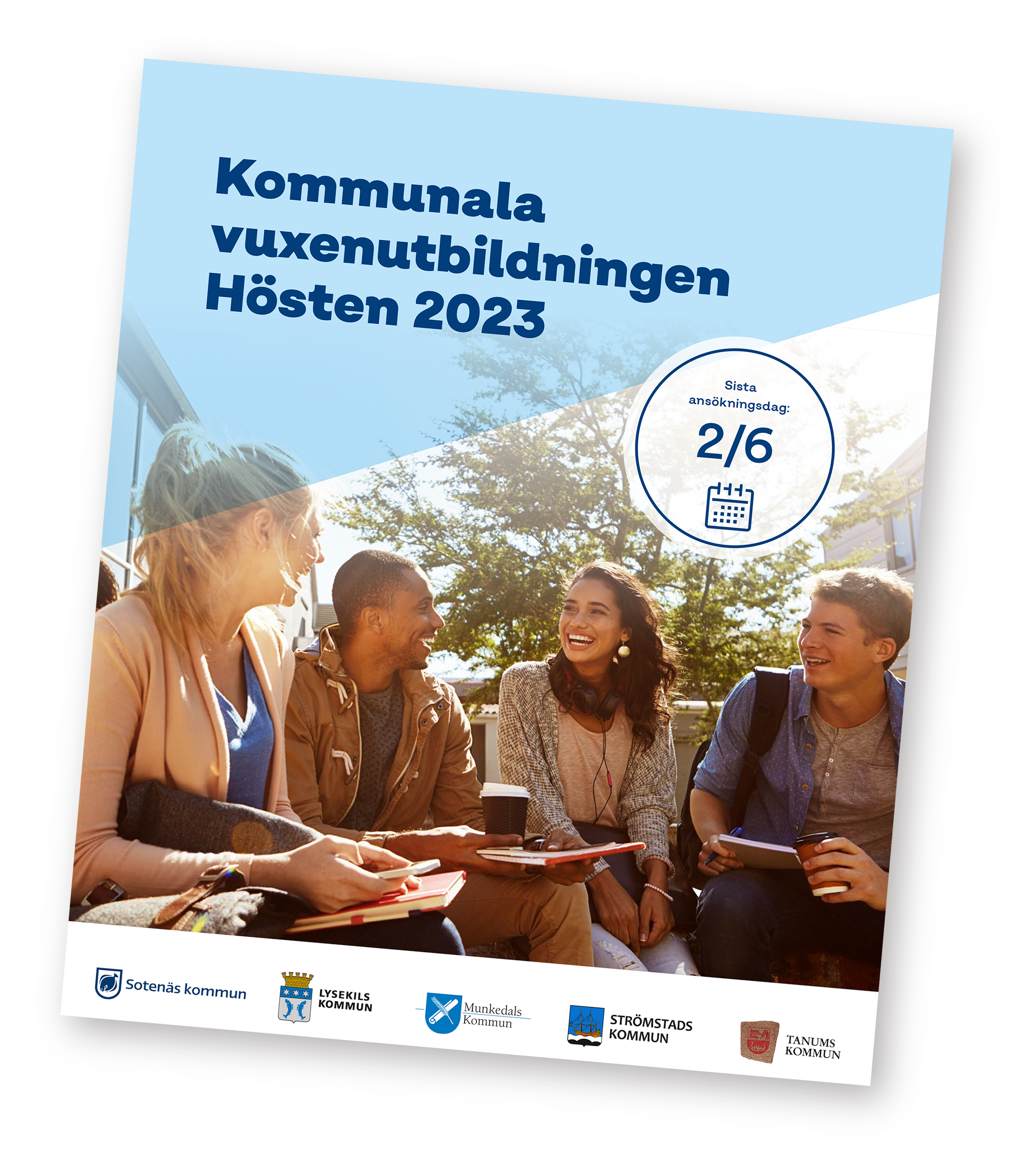 Framsidan av kurskatalogen för vuxenutbildningar i Strömstad, Tanum, Munkedal, Lysekil och Sotenäs. Bilden är en länk till kurskatalogen i pdf-format.