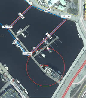 Karta över södra hamnen, planerad ny placering av bryggor.